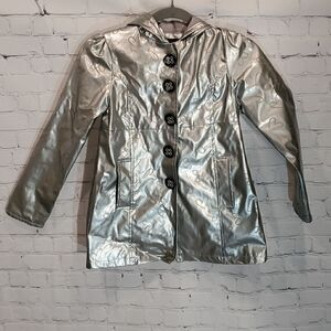 me jane kids girl's silver hooded button front raincoat